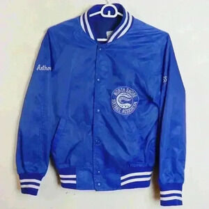Vintage 80s Blue Satin Softball Athletic Bomber Button Up Jacket